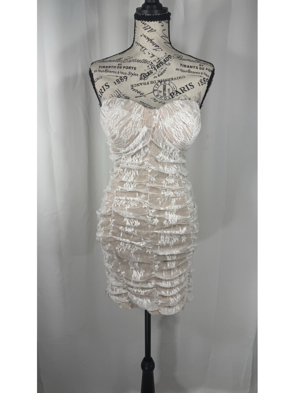 Bisou Bisou Womens White Lace Ruched Bodycon Mini Dress Size M Strapless Sexy